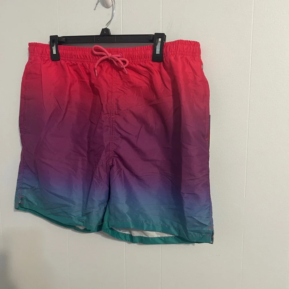 Uzzi Mens XL Swim Trunks Ombre Pink Purple Teal Gradient Mesh Lined Board Shorts